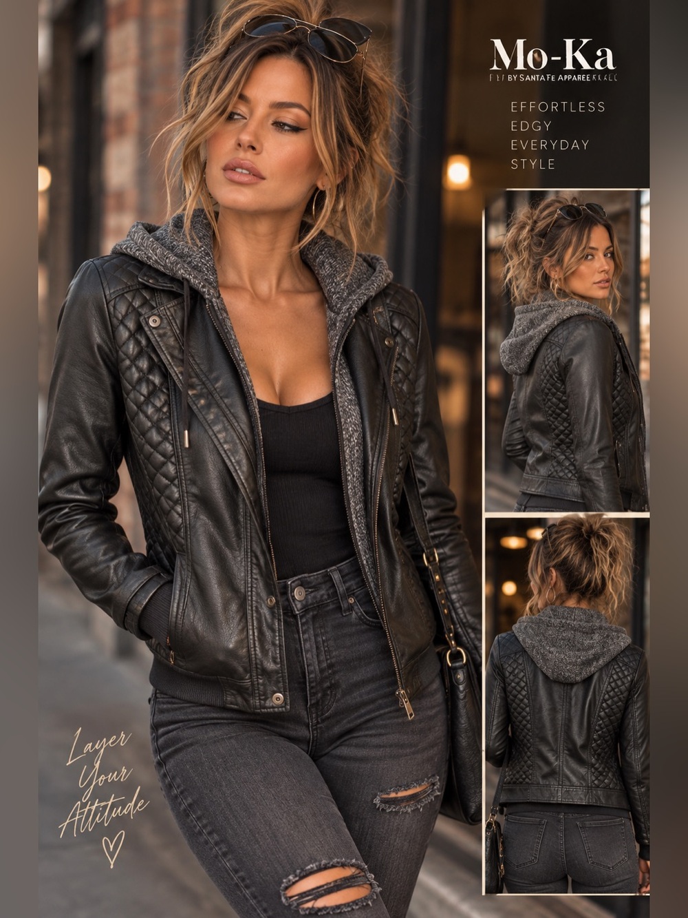 🖤 Mo-Ka Black Faux Leather Hooded Moto Jacket – Size Small